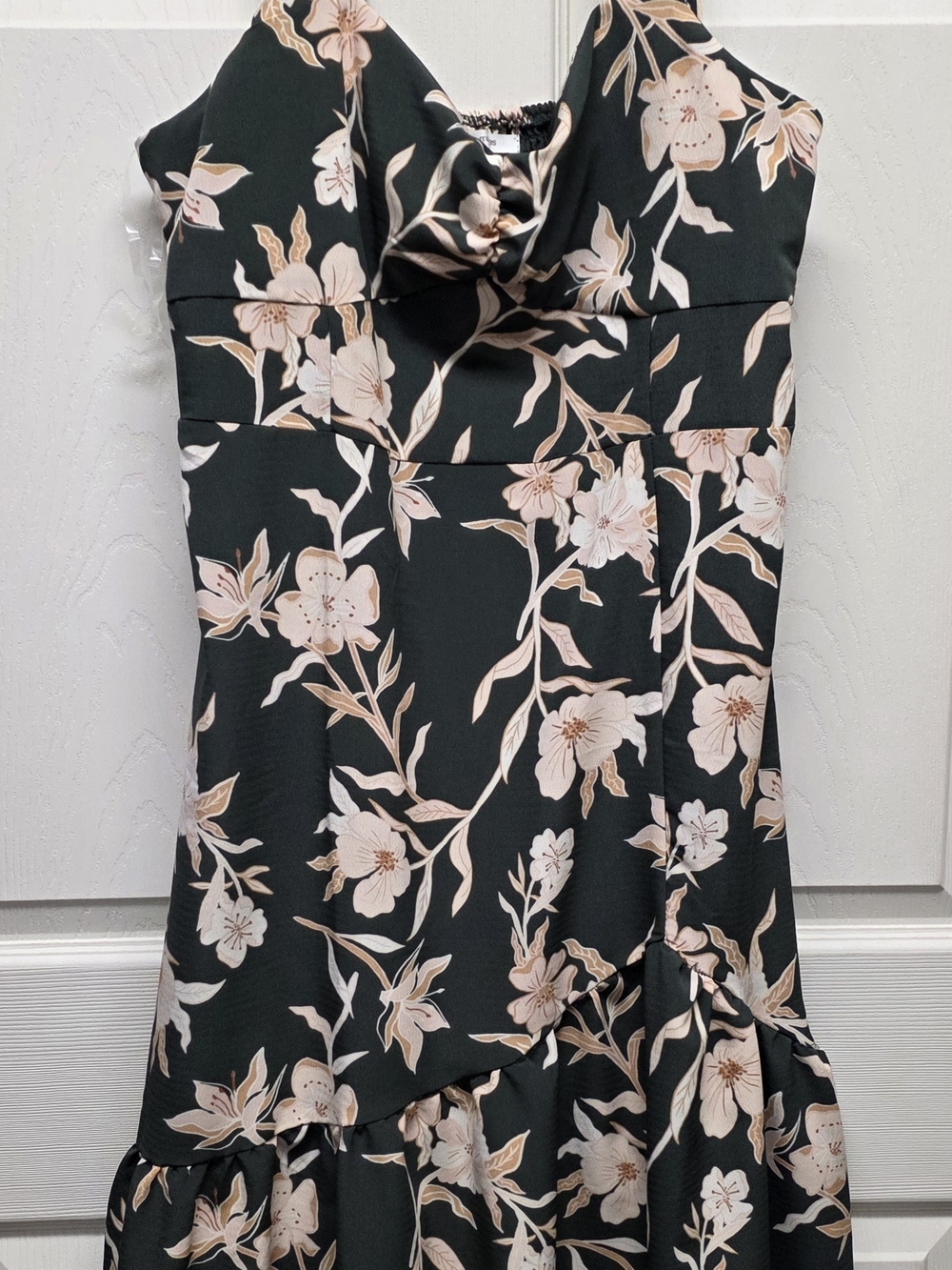 Dark Green Floral Midi Dress with Cream/Peach Blossoms